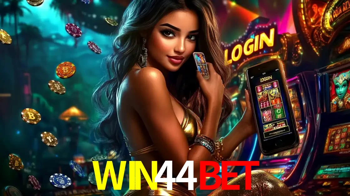 Mulher em um cenário de cassino temático de aventura, mostrando o app de caça-níqueis da WIN44BET no celular. Fichas de apostas flutuam ao redor.