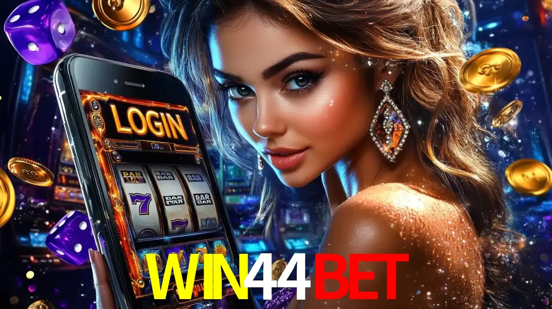 Mulher glamorosa segurando um smartphone com a tela de login para os jogos de caça-níqueis do cassino online WIN44BET, com moedas de ouro e dados ao redor.