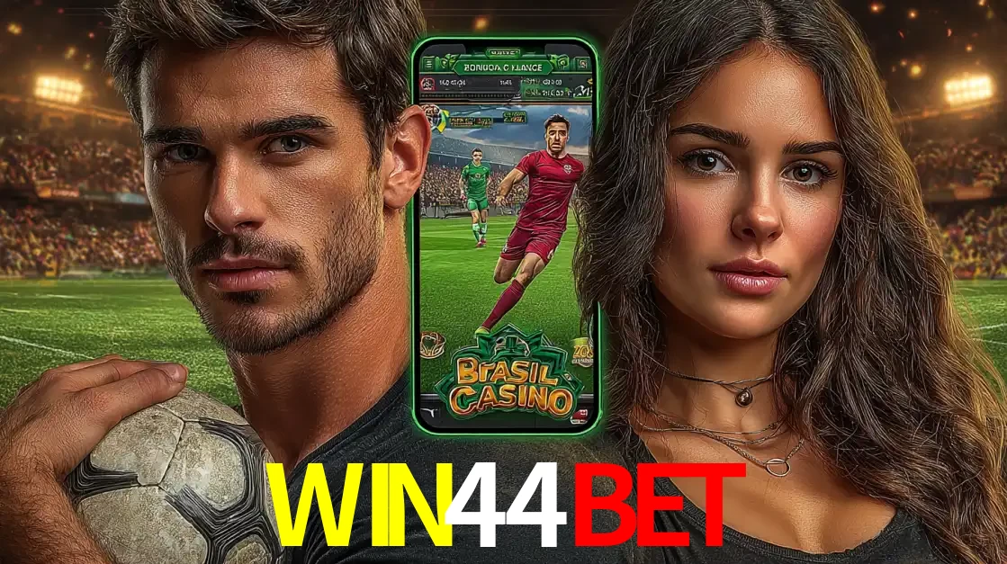 Homem segurando uma bola de futebol e uma mulher ao lado de um smartphone exibindo o jogo de apostas esportivas da WIN44BET. Faça seu palpite no cassino online.